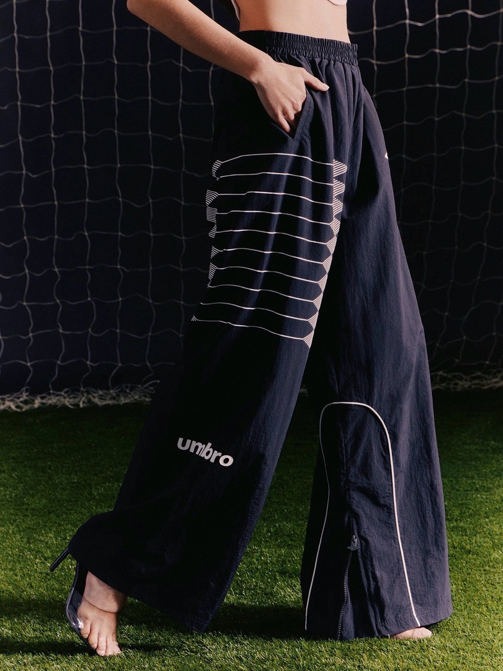 Umbro Black Wide-Leg Track Pants with White Graphic Stripes